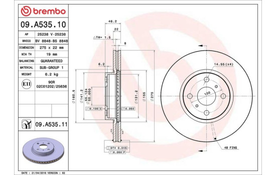 Disque de frein 09.A535.11 Brembo, Image 3