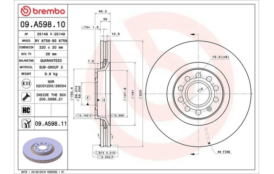 Disque de frein 09.A598.11 Brembo, Image 3
