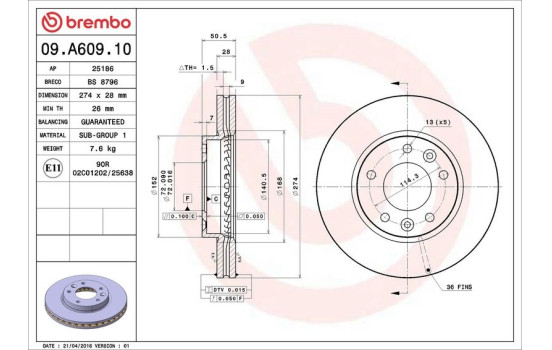 Disque de frein 09.A609.10 Brembo, Image 3