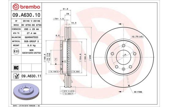 Disque de frein 09.A630.10 Brembo, Image 3