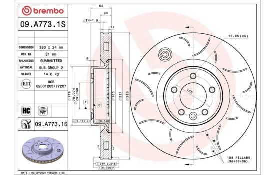 Disque de frein 09.A773.1S Brembo