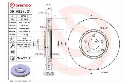 Disque de frein 09.A828.21 Brembo, Image 2