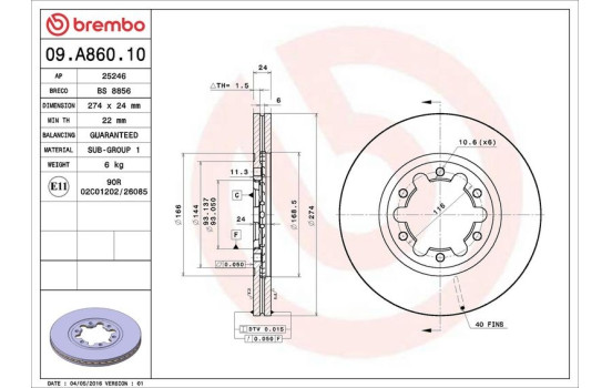 Disque de frein 09.A860.10 Brembo, Image 3