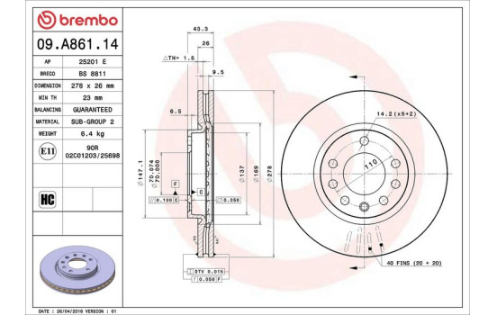 Disque de frein 09.A861.14 Brembo, Image 3