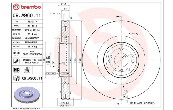 Disque de frein 09.A960.11 Brembo, Image 2