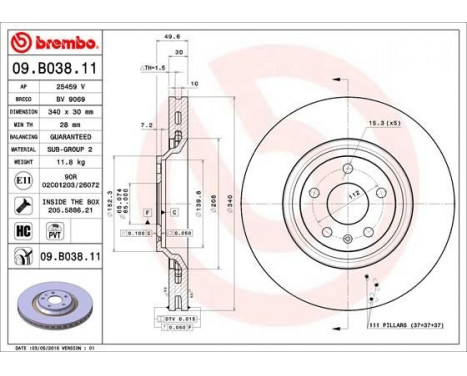 Disque de frein 09.B038.11 Brembo, Image 2