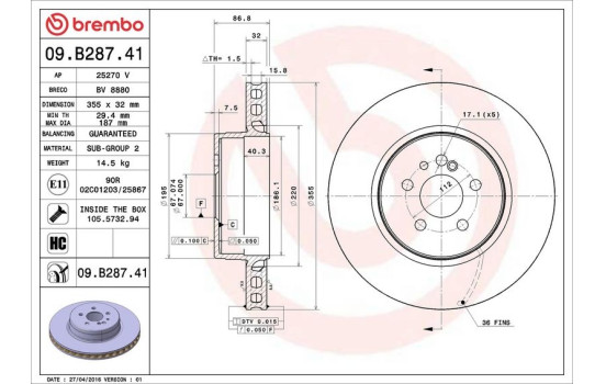 Disque de frein 09.B287.41 Brembo, Image 2