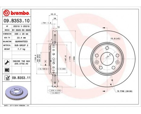 Disque de frein 09.B353.11 Brembo, Image 2