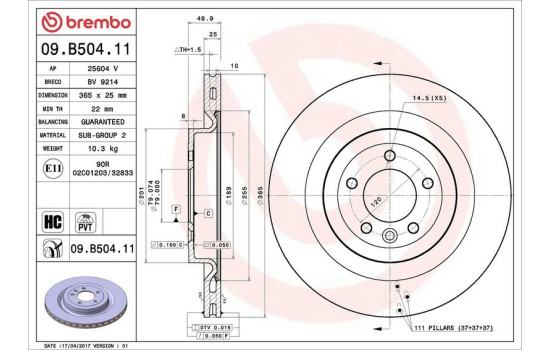 Disque de frein 09.B504.11 Brembo, Image 2