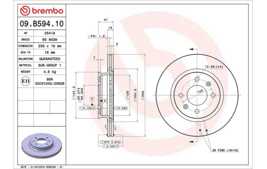 Disque de frein 09.B594.10 Brembo, Image 3