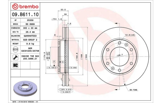 Disque de frein 09.B611.10 Brembo, Image 2