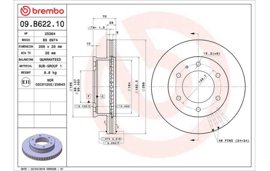 Disque de frein 09.B622.10 Brembo, Image 2