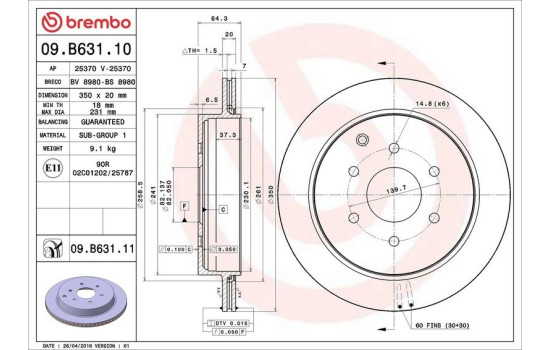 Disque de frein 09.B631.11 Brembo, Image 2