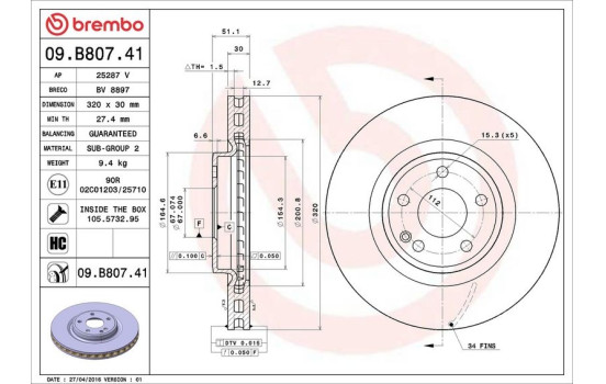 Disque de frein 09.B807.41 Brembo, Image 2