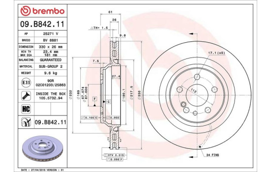 Disque de frein 09.B842.11 Brembo, Image 3