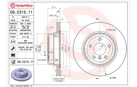 Disque de frein 09.C315.11 Brembo, Image 3