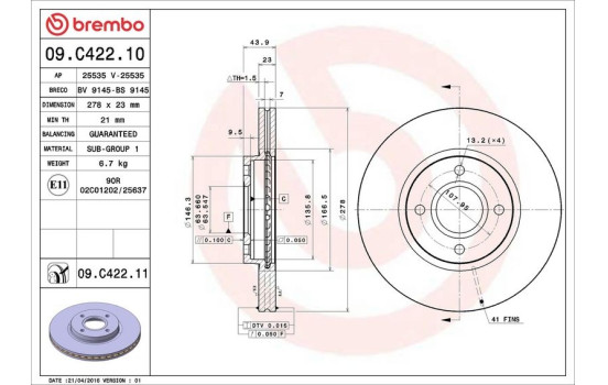 Disque de frein 09.C422.11 Brembo, Image 3