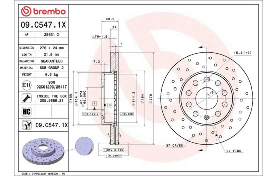 Disque de frein 09.C547.1X Brembo, Image 2