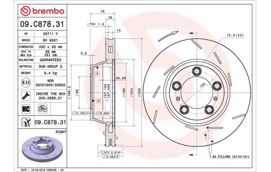 Disque de frein 09.C878.31 Brembo