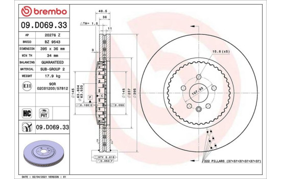 Disque de frein 09.D069.33 Brembo