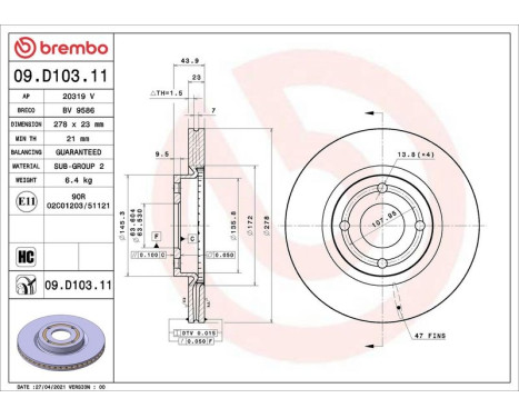 Disque de frein 09.D103.11 Brembo