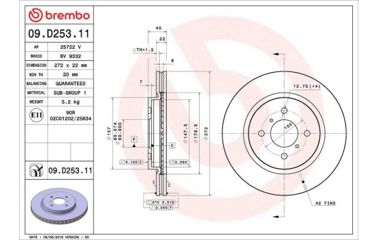 Disque de frein 09.D253.11 Brembo, Image 2