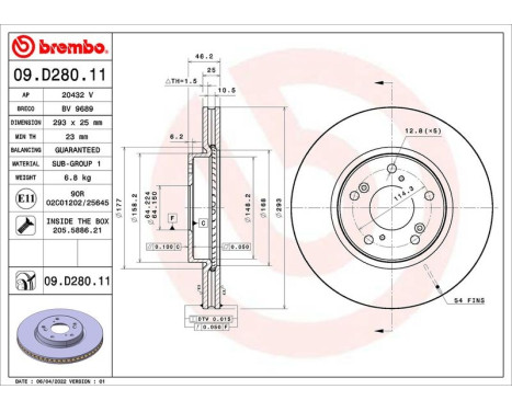 Disque de frein 09.D280.11 Brembo