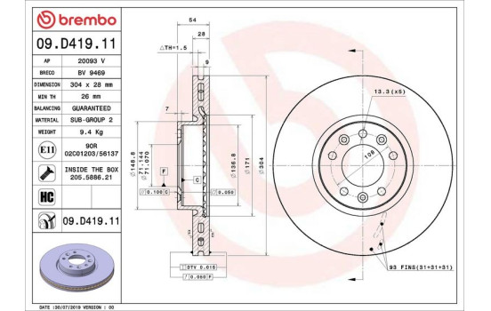 Disque de frein 09.D419.11 Brembo