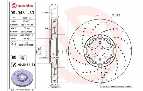 Disque de frein 09.D481.33 Brembo
