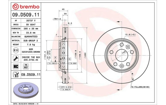 Disque de frein 09.D509.11 Brembo, Image 2