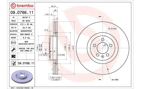Disque de frein 09.D766.11 Brembo, Image 2