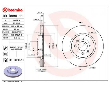 Disque de frein 09.D880.11 Brembo