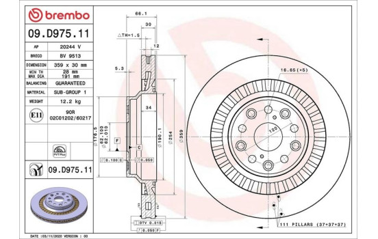 Disque de frein 09.D975.11 Brembo