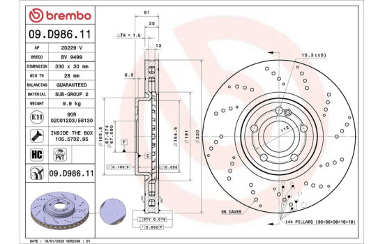 Disque de frein 09.D986.11 Brembo