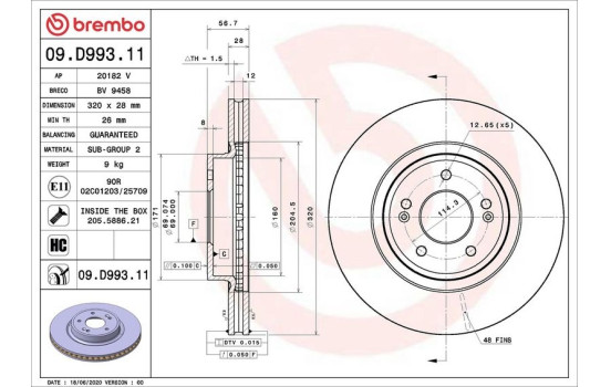 Disque de frein 09.D993.11 Brembo