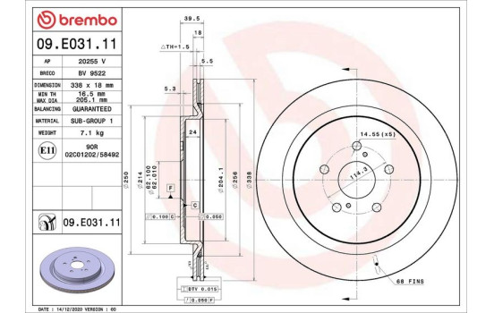 Disque de frein 09.E031.11 Brembo, Image 2