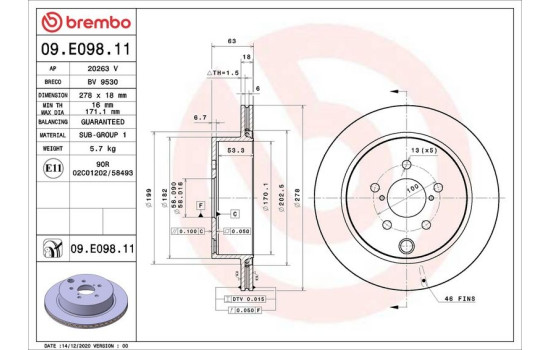 Disque de frein 09.E098.11 Brembo, Image 2