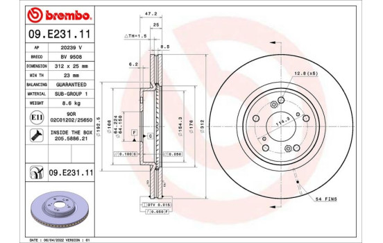 Disque de frein 09.E231.11 Brembo