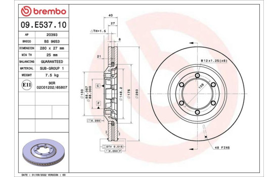 Disque de frein 09.E537.10 Brembo, Image 2