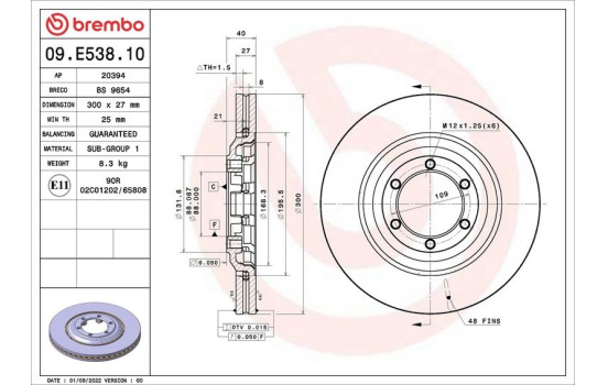 Disque de frein 09.E538.10 Brembo