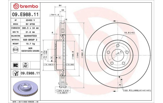 Disque de frein 09.E988.11 Brembo, Image 2