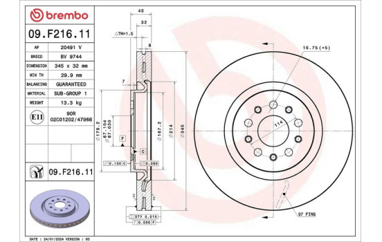 Disque de frein 09.F216.11 Brembo