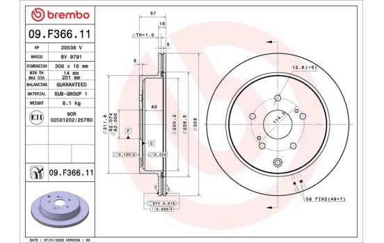 Disque de frein 09.F366.11 Brembo, Image 2