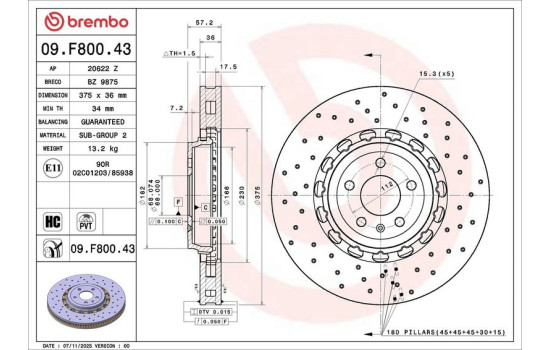 Disque de frein 09.F800.43 Brembo
