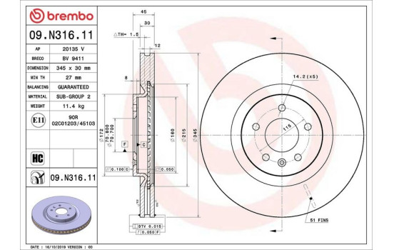Disque de frein 09.N316.11 Brembo