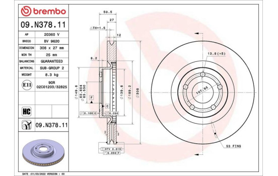 Disque de frein 09.N378.11 Brembo