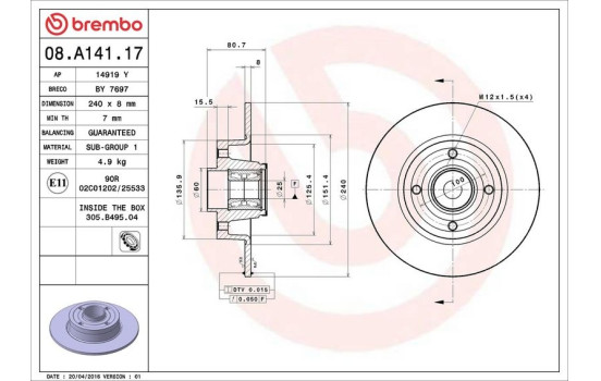 Disque de frein BEARING DISC LINE 08.A141.17 Brembo, Image 2