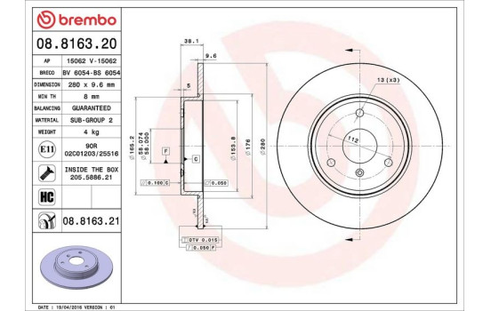 Disque de frein COATED DISC LINE 08.8163.21 Brembo, Image 3