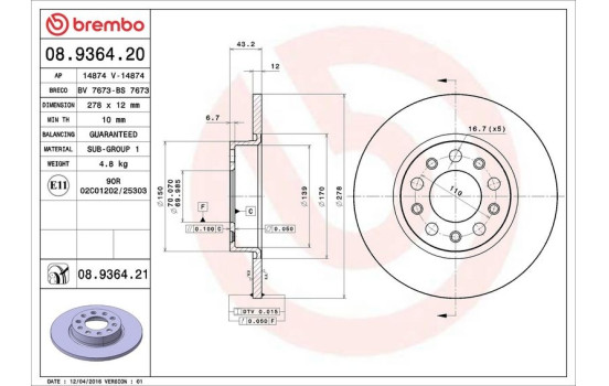 Disque de frein COATED DISC LINE 08.9364.21 Brembo, Image 3