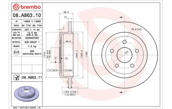 Disque de frein COATED DISC LINE 08.A863.11 Brembo, Image 3